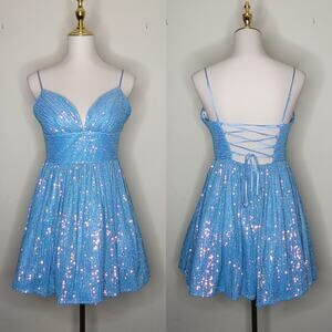 B Darlin Sz 6 Blue Iridescent‎ Sequin Mermaid Unicorn Fairy Babydoll Dress NWT